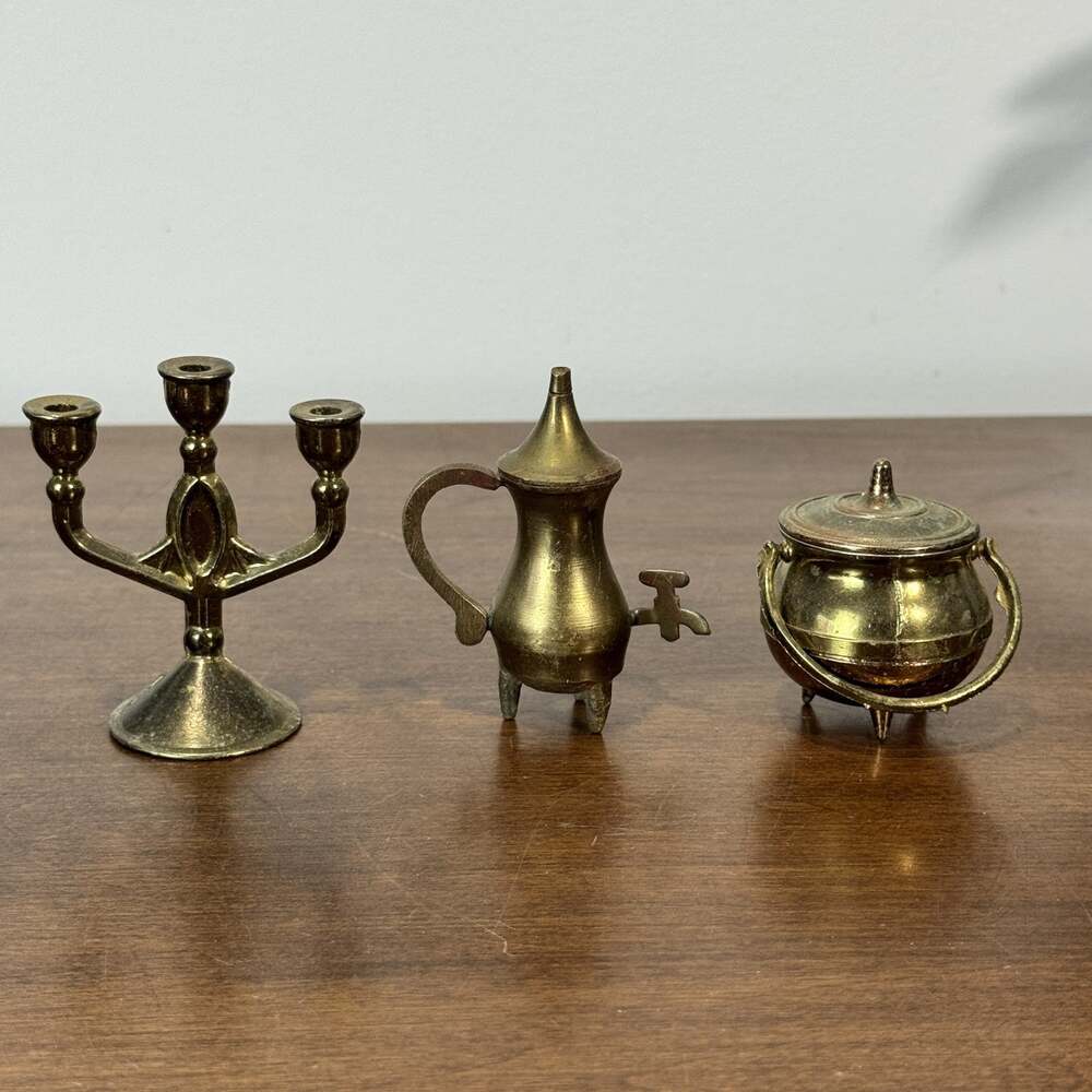 Vintage Dollhouse Miniature Brass Candelabra Pitcher Cauldron Pot Set 1:12 Scale